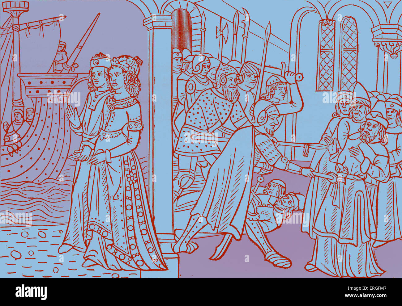 'L'enlèvement d'Hélène de Troie (des) - à partir de la reproduction d'une gravure sur bois dans 'Istoire de la destruction de Troye la Grant, mise par Personnaiges' par Maître Jacques Millet, 1498, Paris, France. Imprimé par Jehan Driart. Banque D'Images