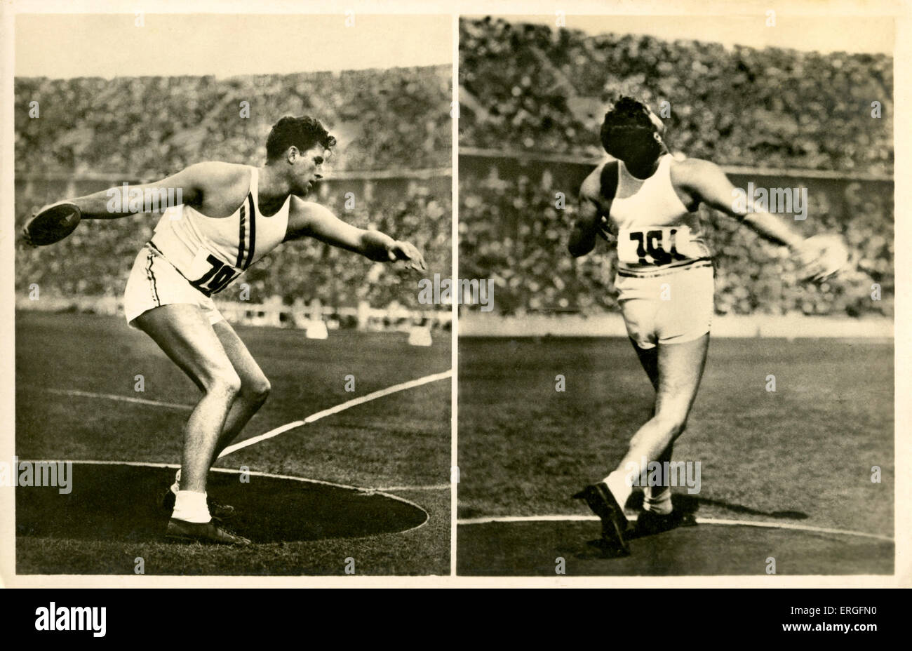 1936 Jeux Olympiques de Berlin, Allemagne. Lancer du champion. Ken Carpenter de USA, lauréat de la médaille d'or (50,45 mètres) Banque D'Images