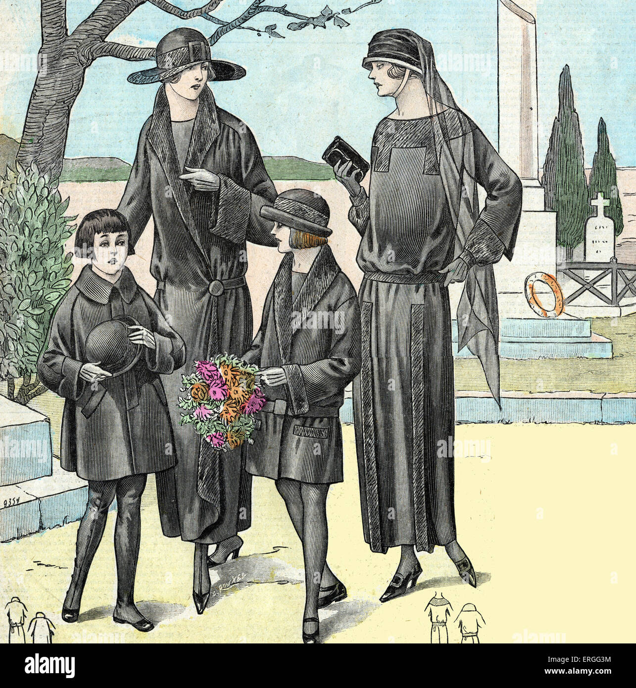 La mode française, 1920 : La Toussaint (la Toussaint). Les femmes et les filles avec gerbe de placer sur la tombe. Christian holiday in Banque D'Images