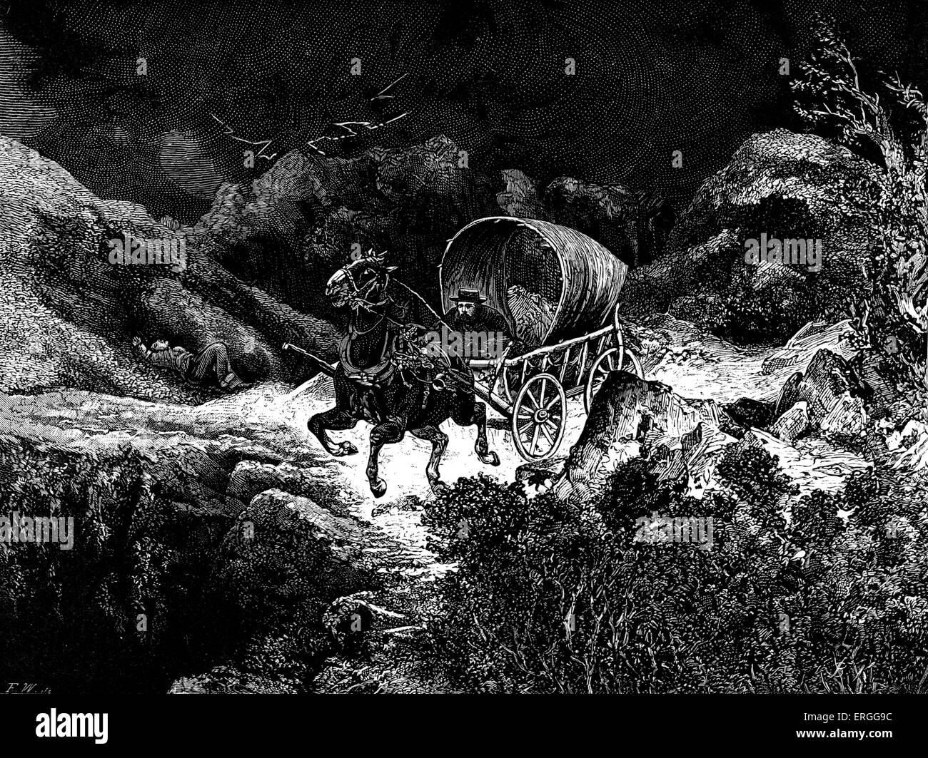 La Californie en chariot par nuit. Les frais généraux de la foudre. Illustration par Bohuslav Kroupa (1838 - 1912) Sous-titre suivant : un dangereux voyage. Banque D'Images