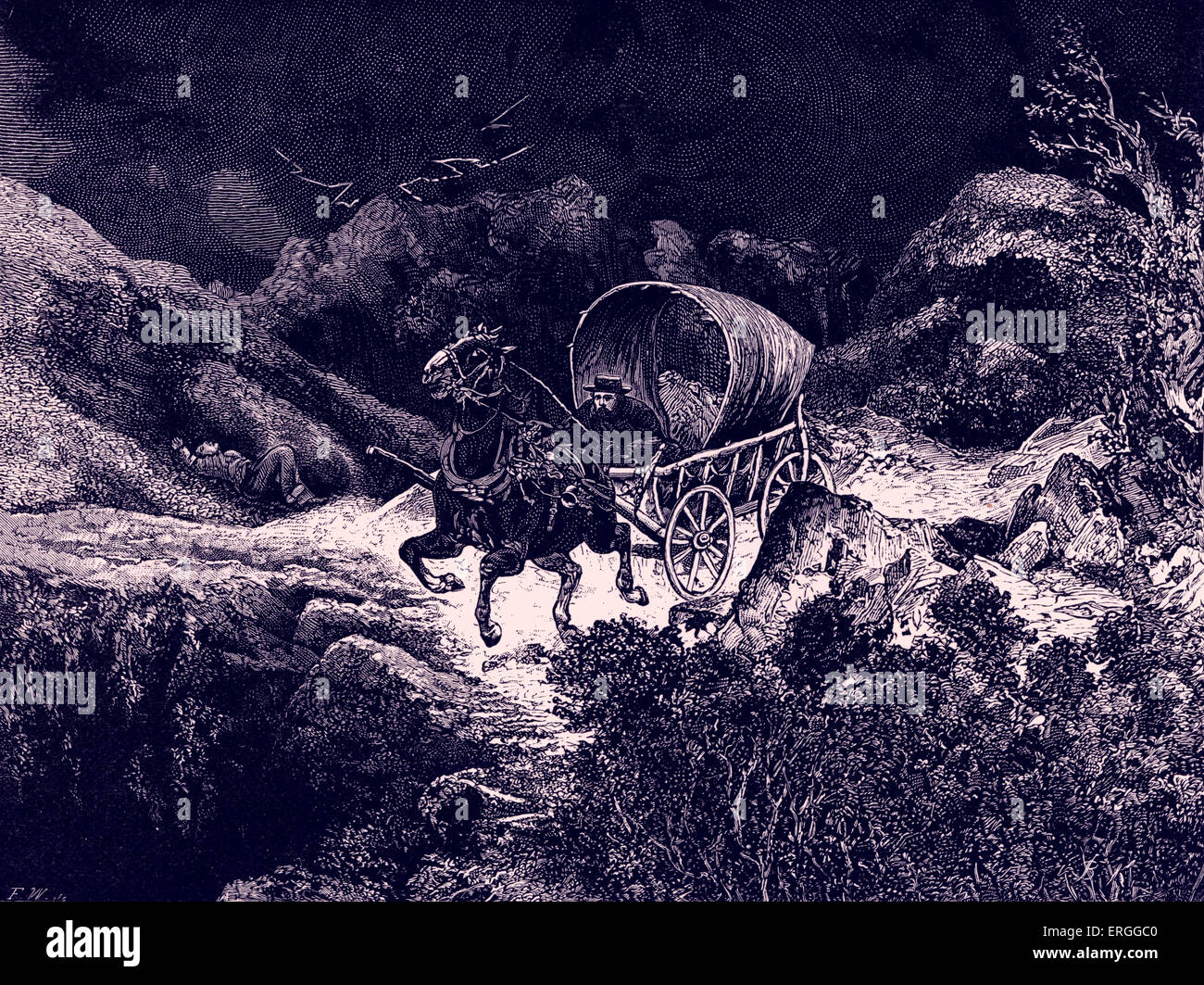 La Californie en chariot par nuit. Les frais généraux de la foudre. Illustration par Bohuslav Kroupa (1838 - 1912) Sous-titre suivant : un dangereux voyage. Banque D'Images