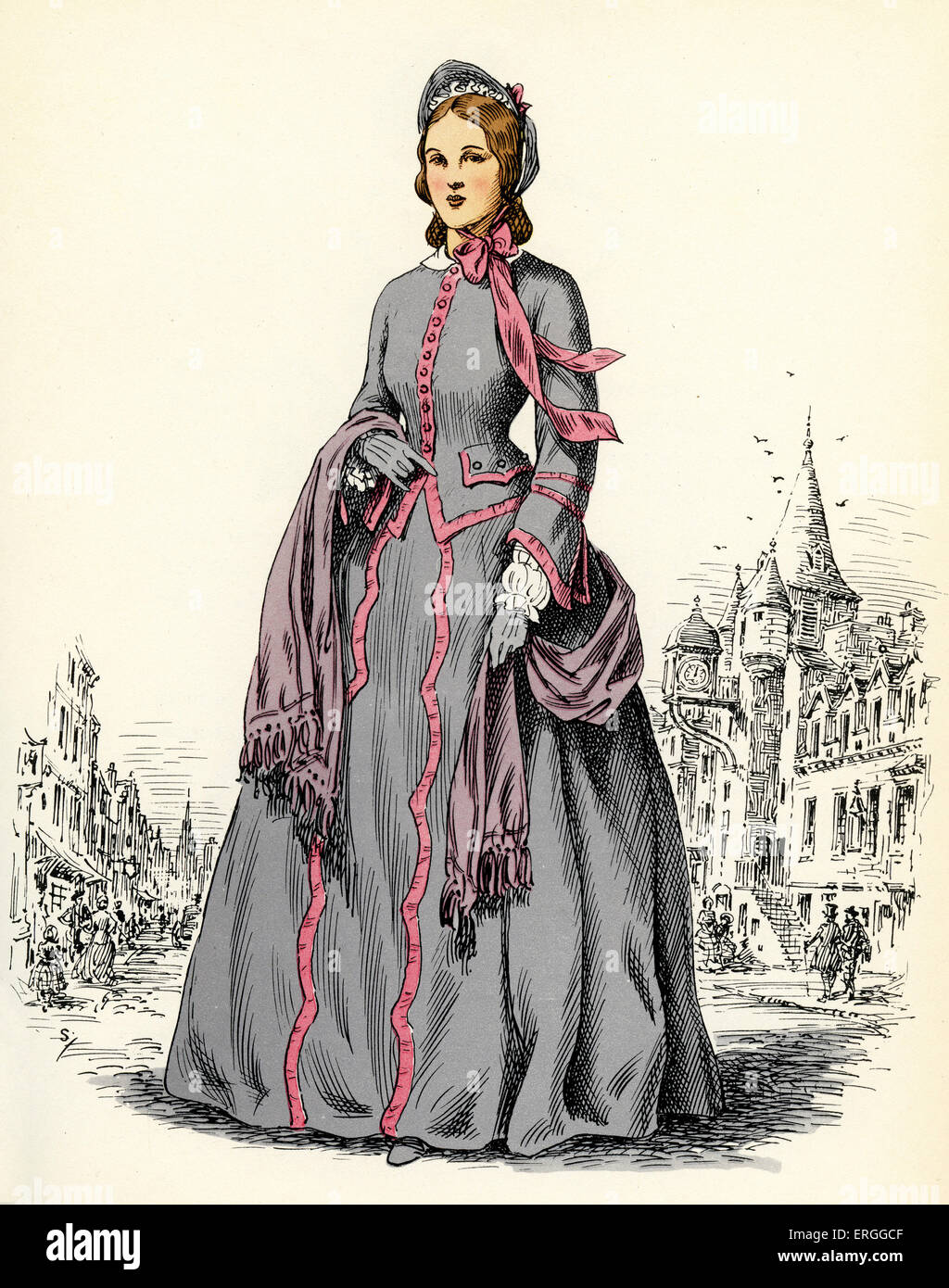 La mode des femmes écossais : 1865. Illustration avec arrière-plan de l'Old Tolbooth dans Canongate dans les années 1860, Édimbourg. C. 1936. Banque D'Images