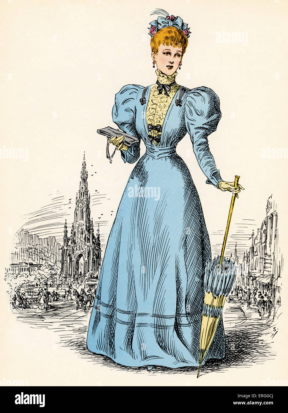 La mode des femmes écossais : 1893 - 1894 . Illustration avec Scott Monument et Princes Street, Edimbourg en fin de l'époque victorienne Banque D'Images