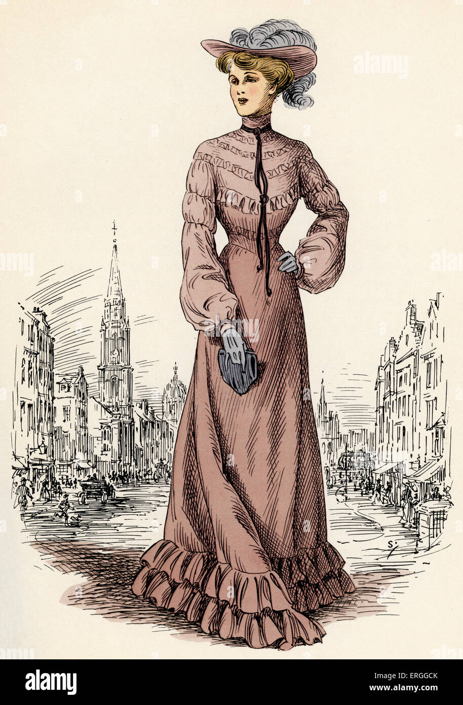 La mode des femmes écossais : 1903 . Illustration High Street, Édimbourg de période en arrière-plan. C. 1936. Banque D'Images