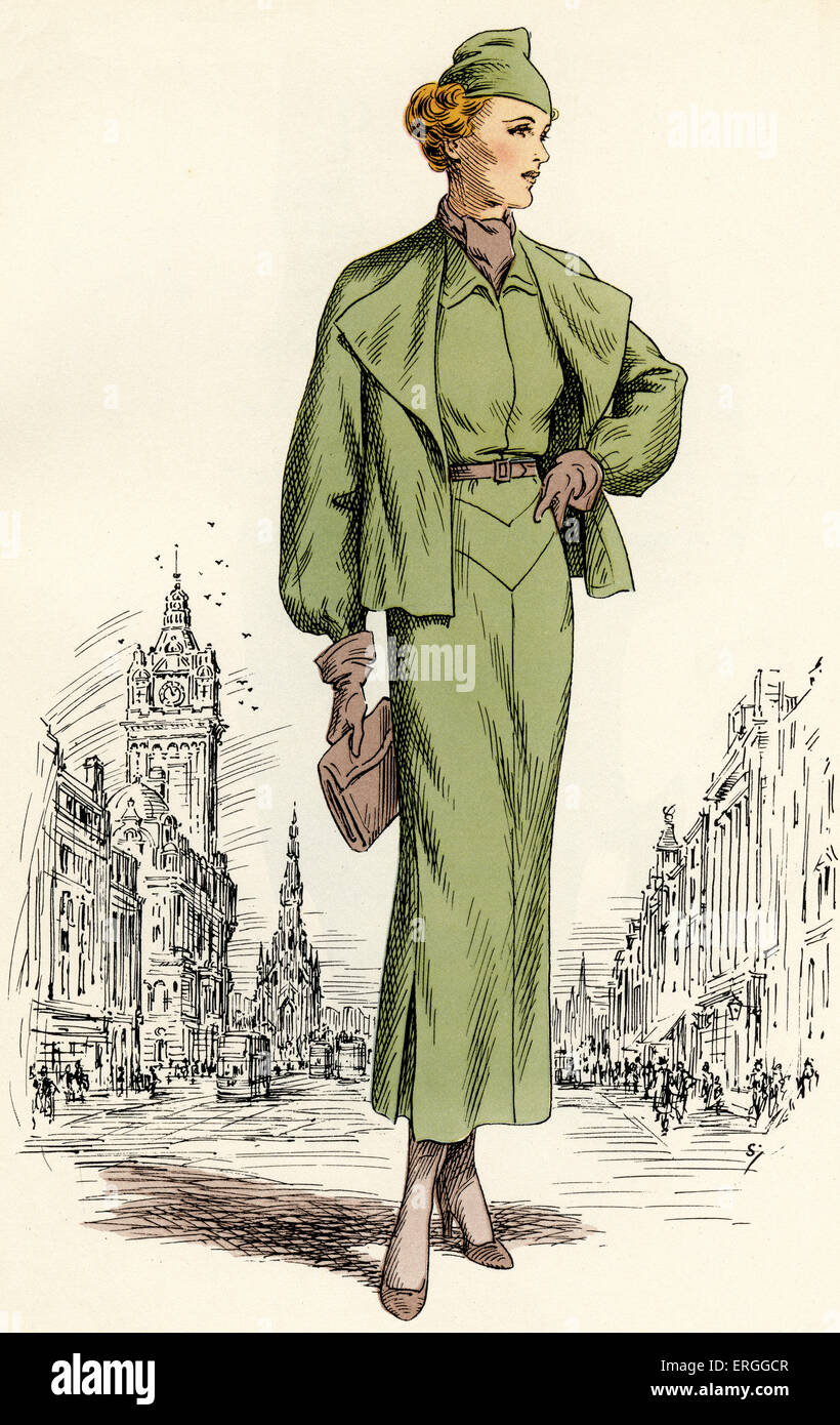 La mode des femmes écossais : 1935 - 1936. Illustration avec Princes Street, Édimbourg, en arrière-plan. C. 1936. Banque D'Images