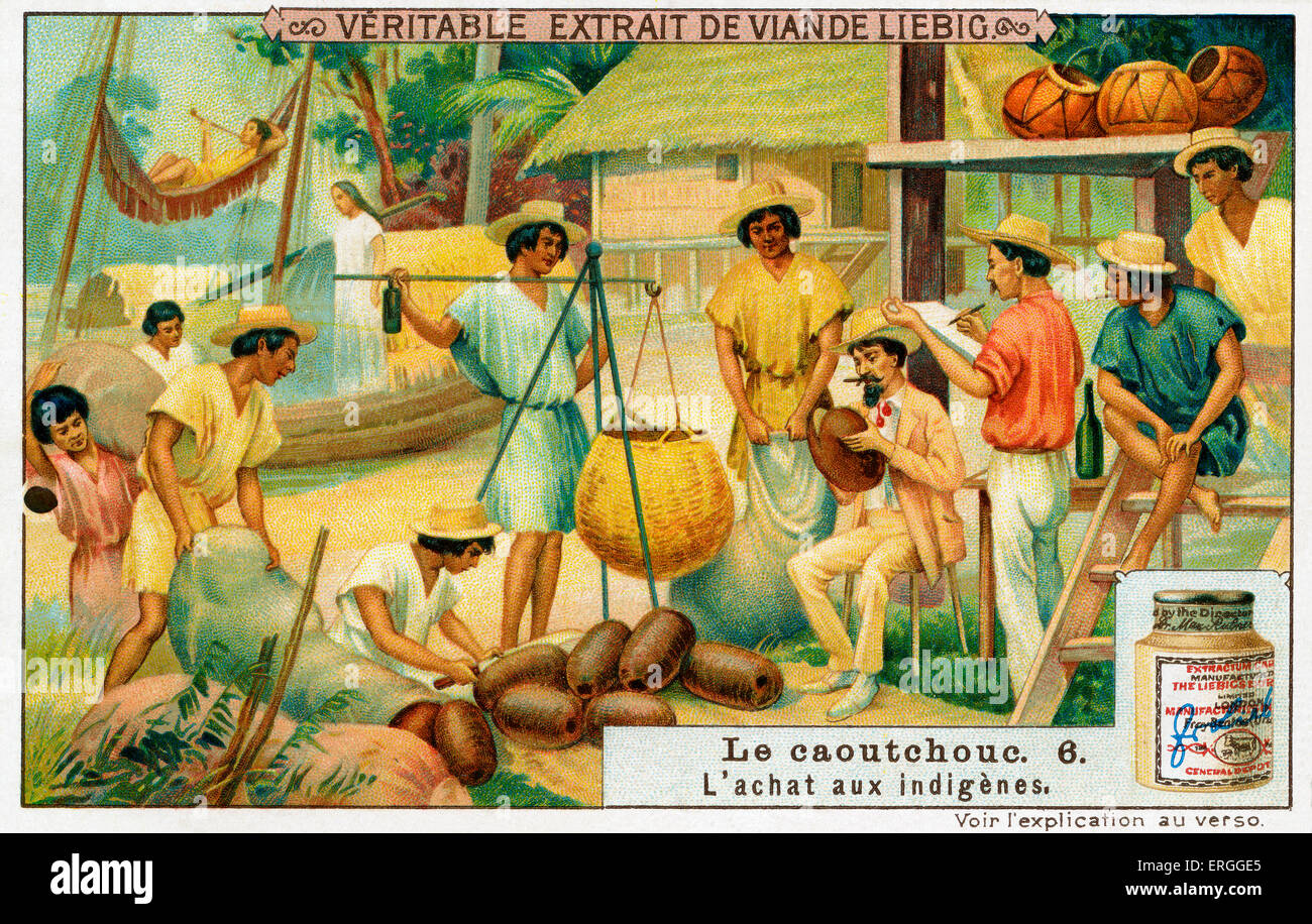 L'histoire du caoutchouc : Vendre aux autochtones (Liebig Cartes à collectionner. Série : 'Caoutchouc' ('India Rubber'). N° 6. Banque D'Images
