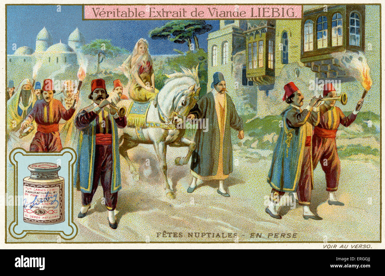 Célébrations de mariage : la Perse, 1910. Cérémonie de mariage traditionnel. Carte de collection Liebig ('FÊTES NUPTIALES'). Banque D'Images