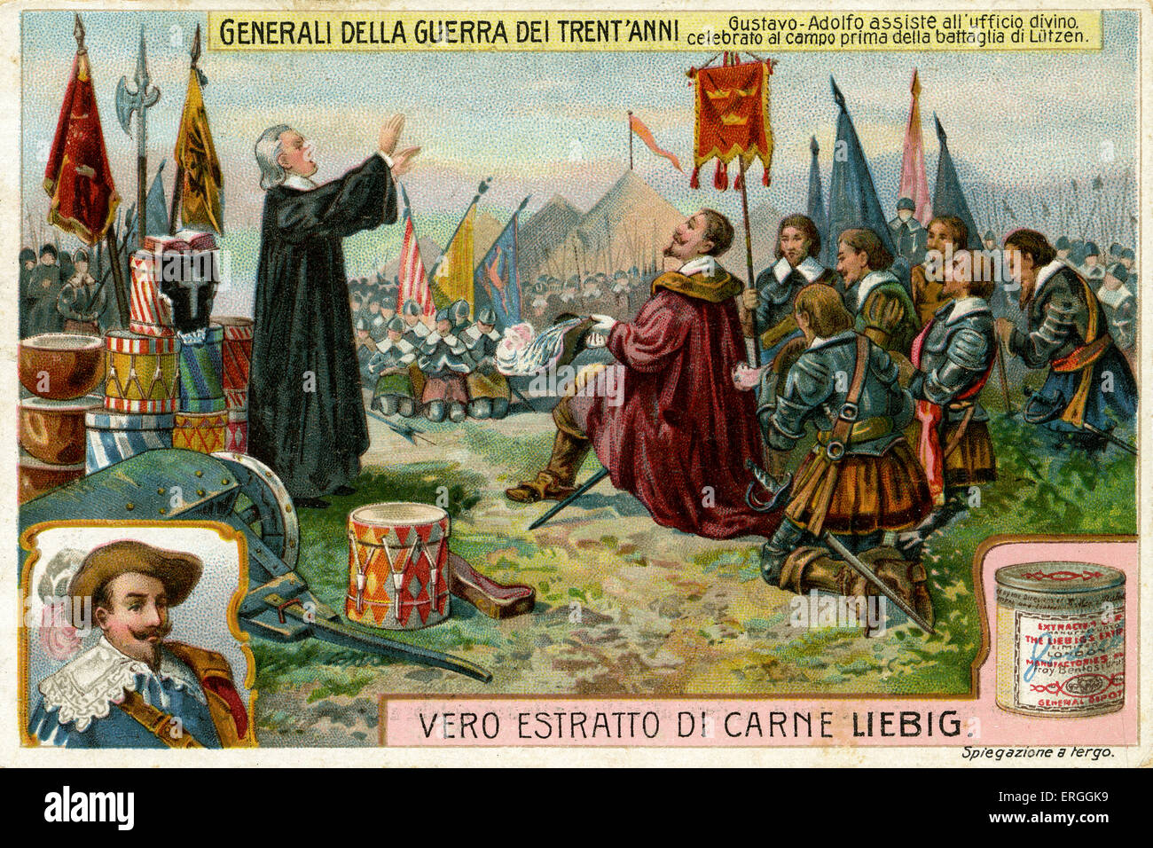 Les généraux de la guerre de Trente Ans : Gustave II Adolphe de Suède (9 décembre 1594 - Novembre 1632). Illustration de 1910. Gustave-adolphe à cérémonie religieuse avant la bataille de Lützen, novembre 1632. Roi de Suède (1611-1632) et le commandant de l'armée d'États protestants et des alliés contre l'Empire romain saint catholique et alliés. Menée à partir de 1618-1648. Liebig Carte de collection. Banque D'Images