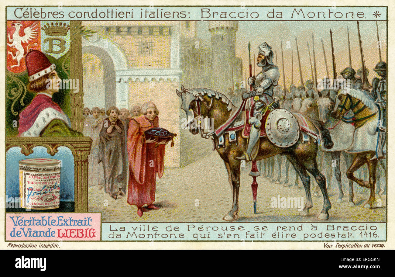 Condottieri italiens célèbres : Braccio da Montone (1 juillet 1368 - 5 juin 1424). Illustration de 1911. La ville de Pérouse donne Banque D'Images