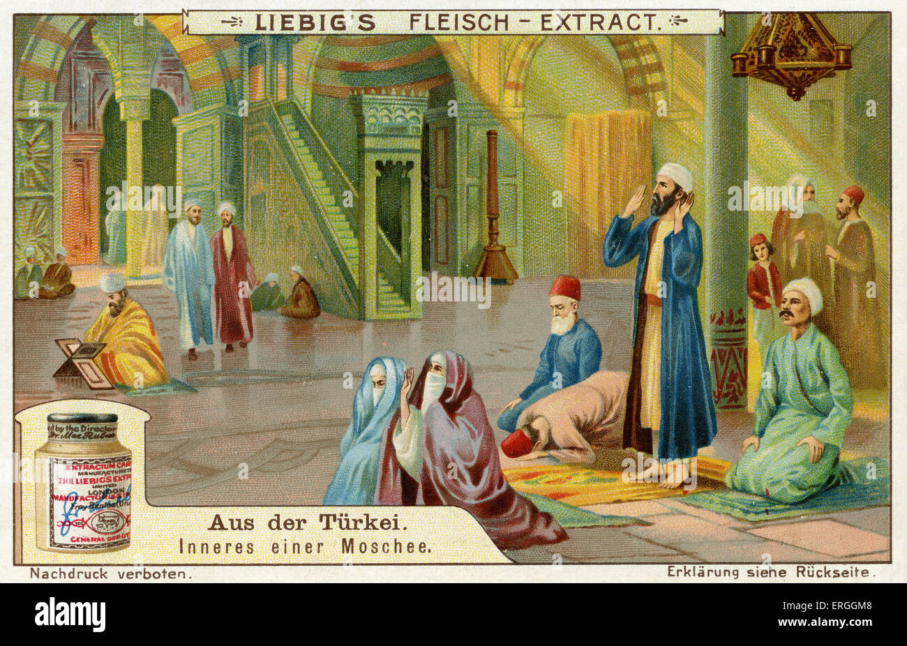 Turquie : l'intérieur d'une mosquée. Illustration de 1910. Carte de collection Liebig (Série : aus der Türkei). Banque D'Images