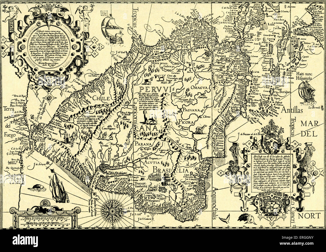 Les côtes de l'Amérique du Sud - carte de Linschoten's 'Navigatio ac Itinerarium, etc.", 1599. Jan Huyghen van Linschoten, Banque D'Images