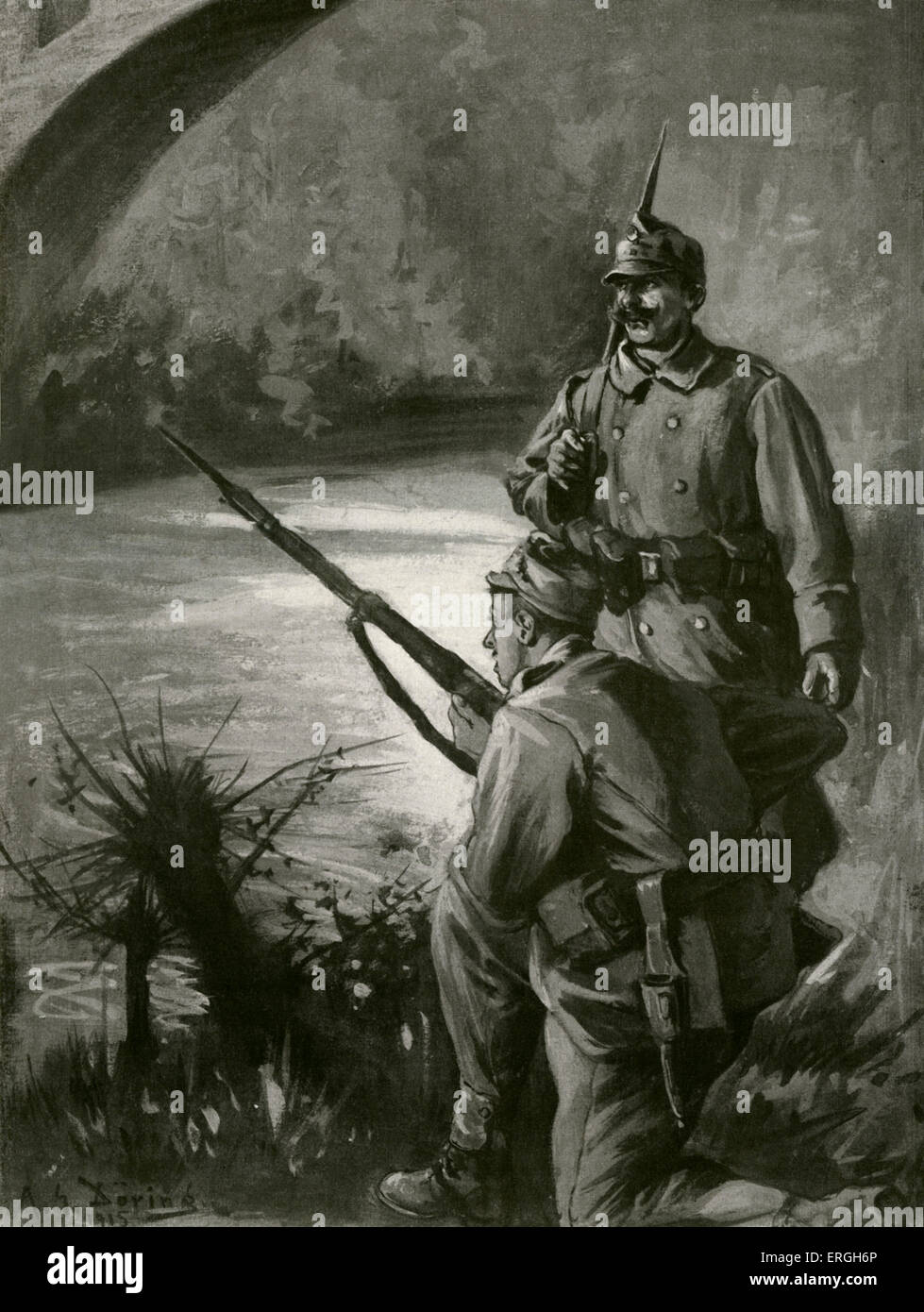 La Seconde Guerre mondiale 1 : 3e Offensive de batailles de l'Isonzo. Deux soldats hongrois austro- assurer une veille. Illustration par Adolf G. Banque D'Images
