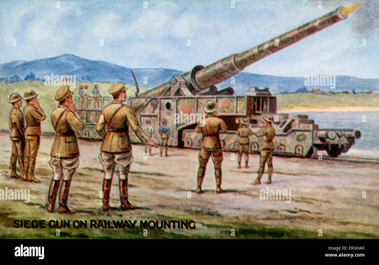 La Seconde Guerre mondiale 1 : Chemin de fer britannique canon d'artillerie à cheval (siège) des armes à feu. Campagne des Obligations de guerre Carte Postale. Émises dans le cadre d'épargne de guerre Campagnes Comité. Image fournie par le ministère de l'information. Le dessin n°3. Imprimé en Angleterre. Banque D'Images