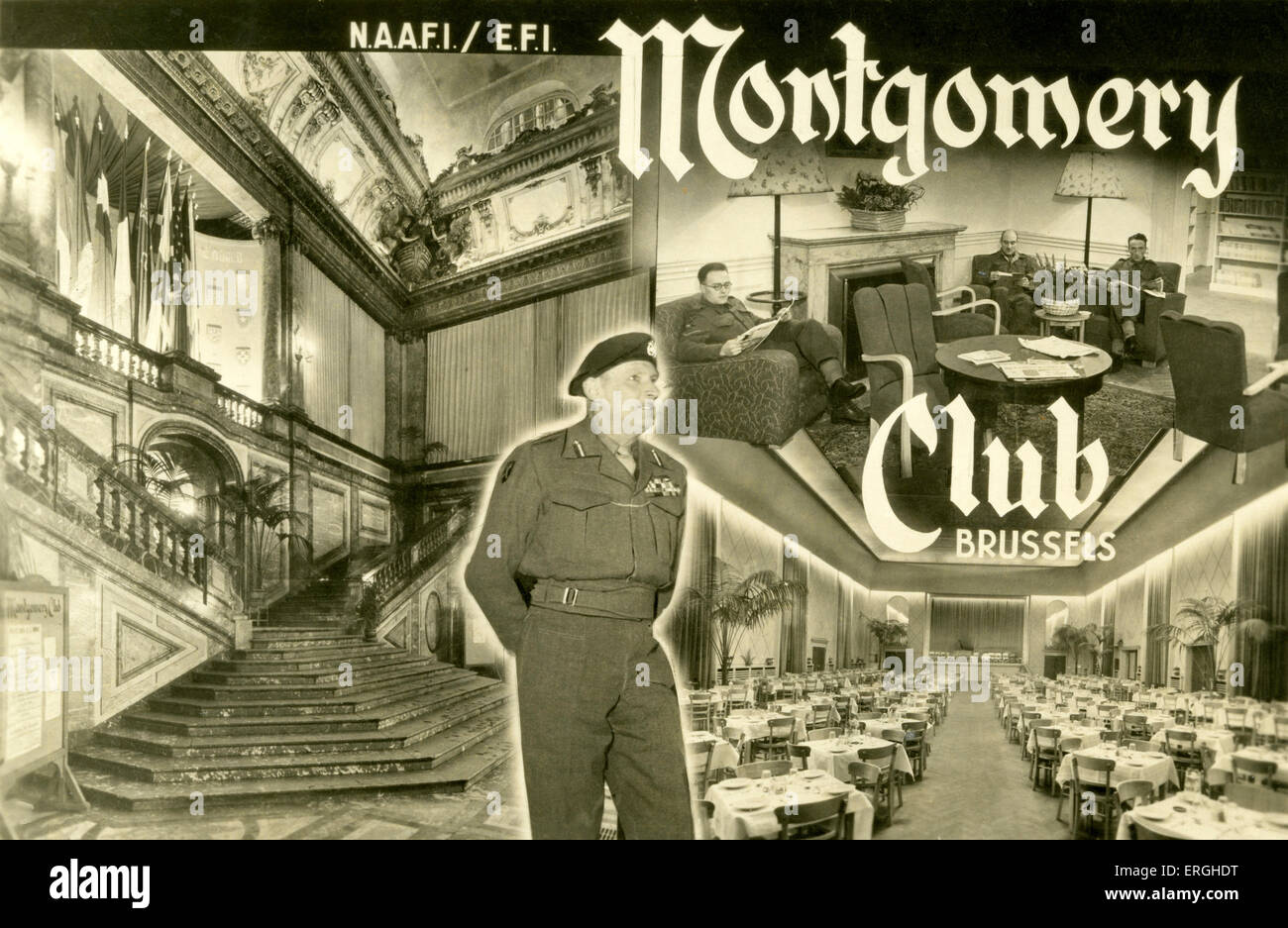 Club Montgomery, Bruxelles, Belgique - publicité pendant la Deuxième Guerre mondiale. Club géré par Marine, l'armée et l'Armée de l'air NAAFI (instituts) Banque D'Images