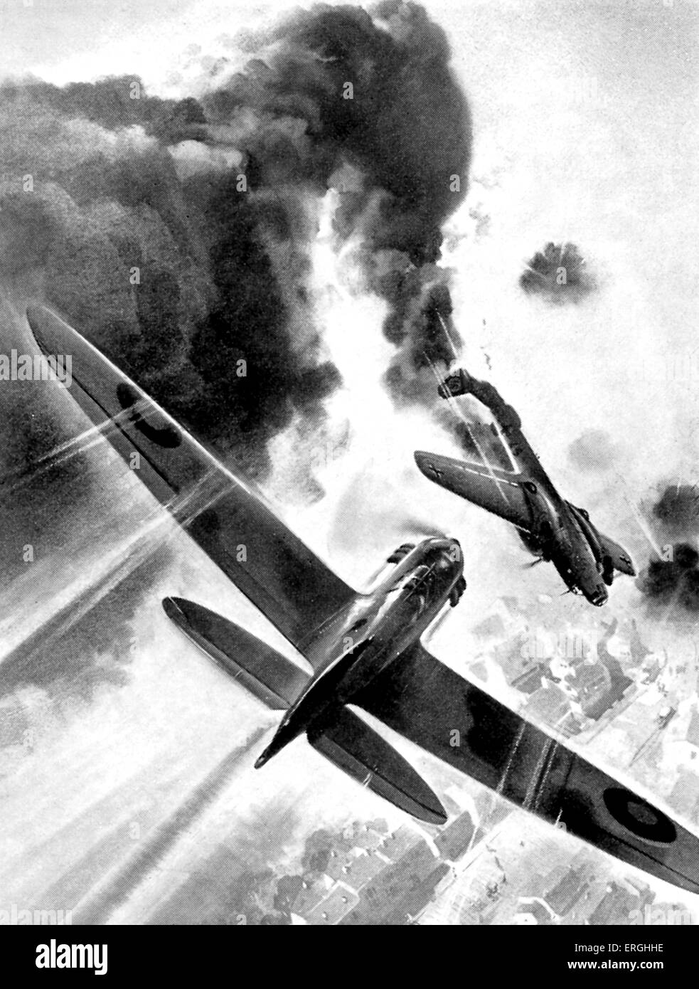 WW2 : pilote néo-zélandais destruction en Allemnad Bombardier. Intitulée "Birthday Party in the sky'. Légende : "jeune pilote de Wellington, Nouvelle-Zélande, a célébré son 21e anniversaire en abattant des bombardiers allemands en combat singulier". À partir de la série épique 'cartes postales', no. 12. 'Adopté pour la publication par le ministère de l'information'. Banque D'Images