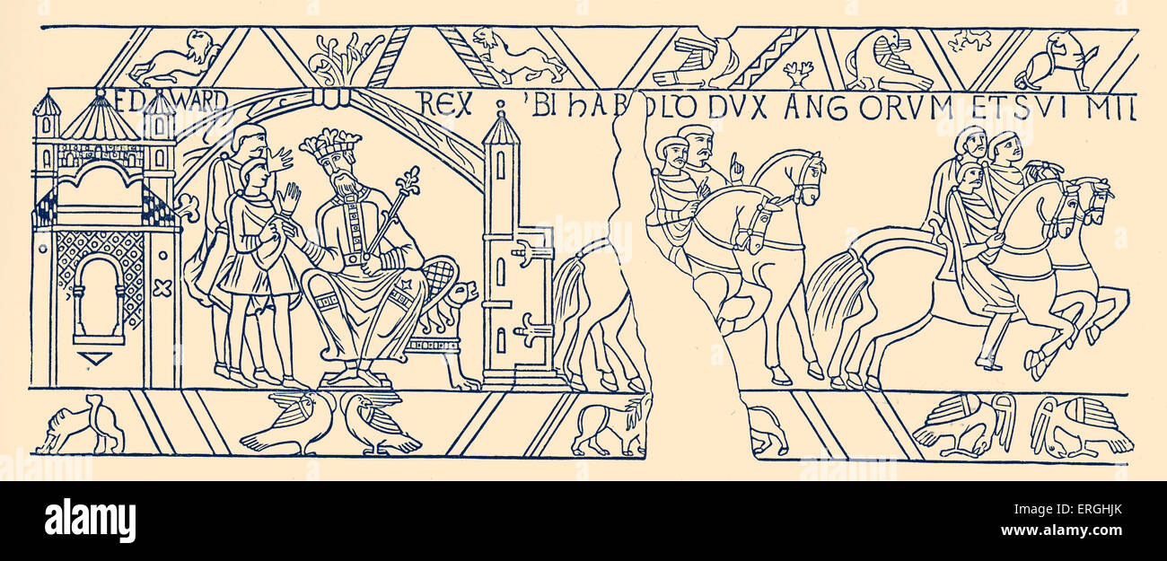 Tapisserie de Bayeux : Harold laissant Édouard le Confesseur de mettre hors de son voyage en Normandie. 1064. 19ème siècle illustration. H : Harold II, également connu sous le nom de Harold Baar "Chez Boultan & Fils", dernier roi anglo-saxon d'Angleterre, c. 1022 - 14 octobre 1066. Banque D'Images