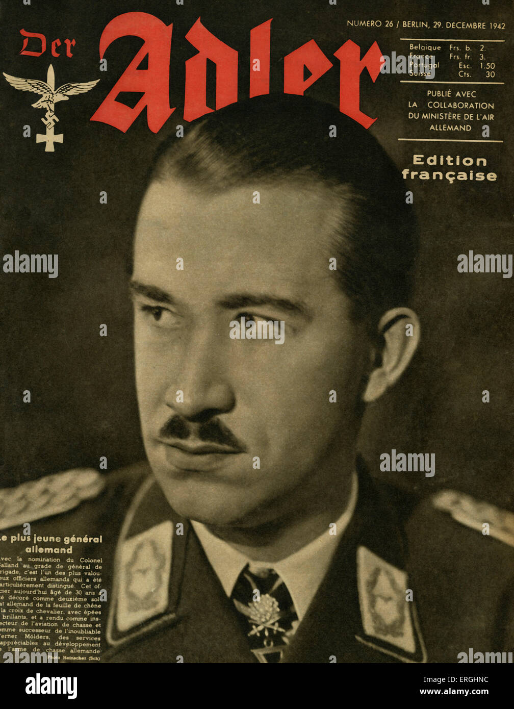 Der Adler, magazine de l'air allemande (Luftwaffe) pendant la Seconde Guerre mondiale. Couvrir du 29 décembre 1942. Édition française. Montrant Banque D'Images