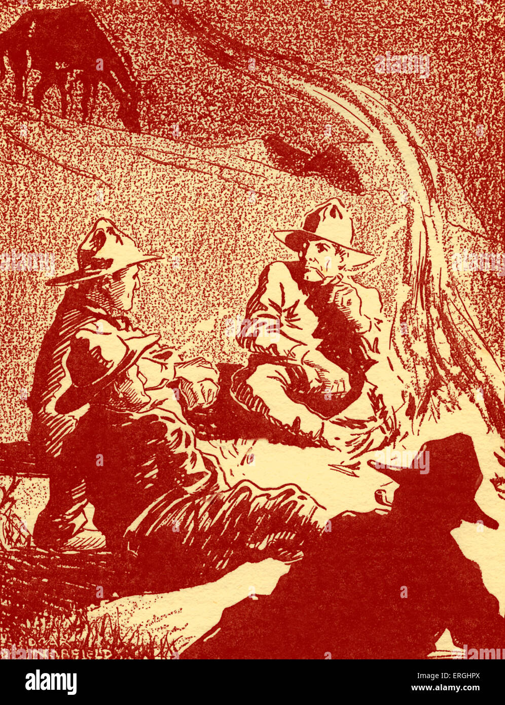 Buffalo Bill dans l'Ouest sauvage. Sous-titre suivant : "Nous nous sommes installés avec nos tuyaux, prêts à parler toute la nuit." illustration par Edgar Banque D'Images