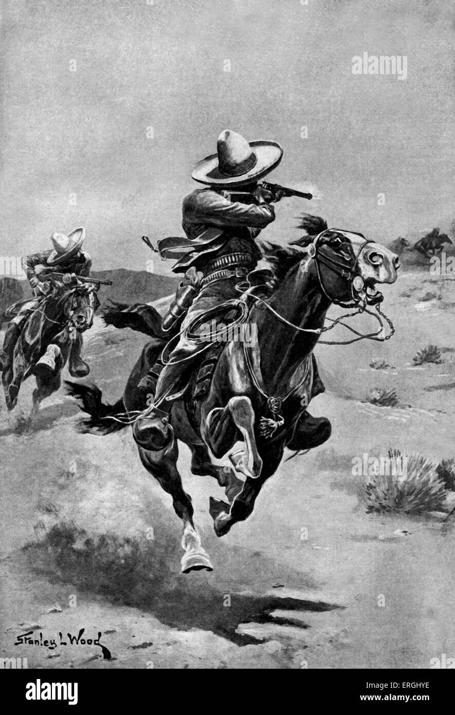 Rurales (Police des frontières nationales du Mexique) des escarmouches sur la frontière. Dessin de Stanley L. Wood (1866 - 1928). Banque D'Images