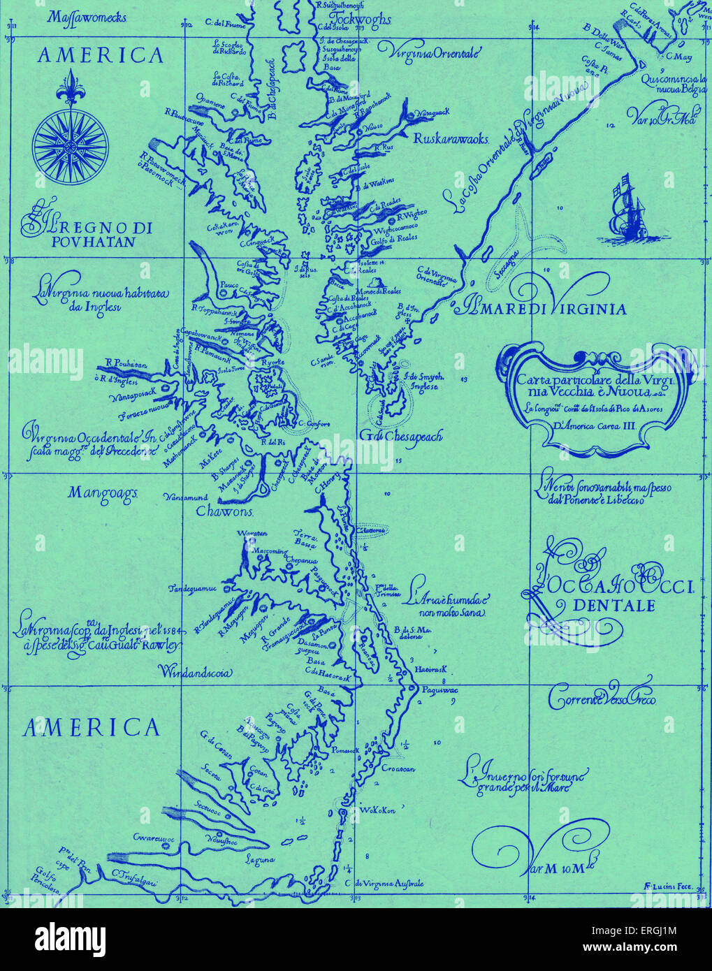 Site de l'Ancien et Nouveau Virginie - publié dans Dudley 's 'Dell' Arcano del Mare", 1646- 47. Les colonies américaines. Banque D'Images