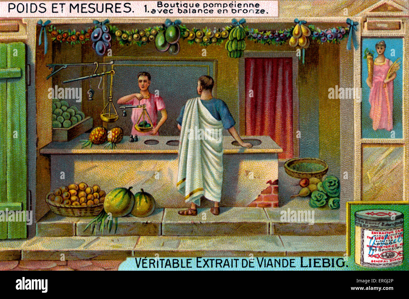 Shop à Pompéi avec l'échelle d'équilibre de bronze. Ville romaine près de Naples, Italie. Illustration de Liebig série de cartes à collectionner : Banque D'Images