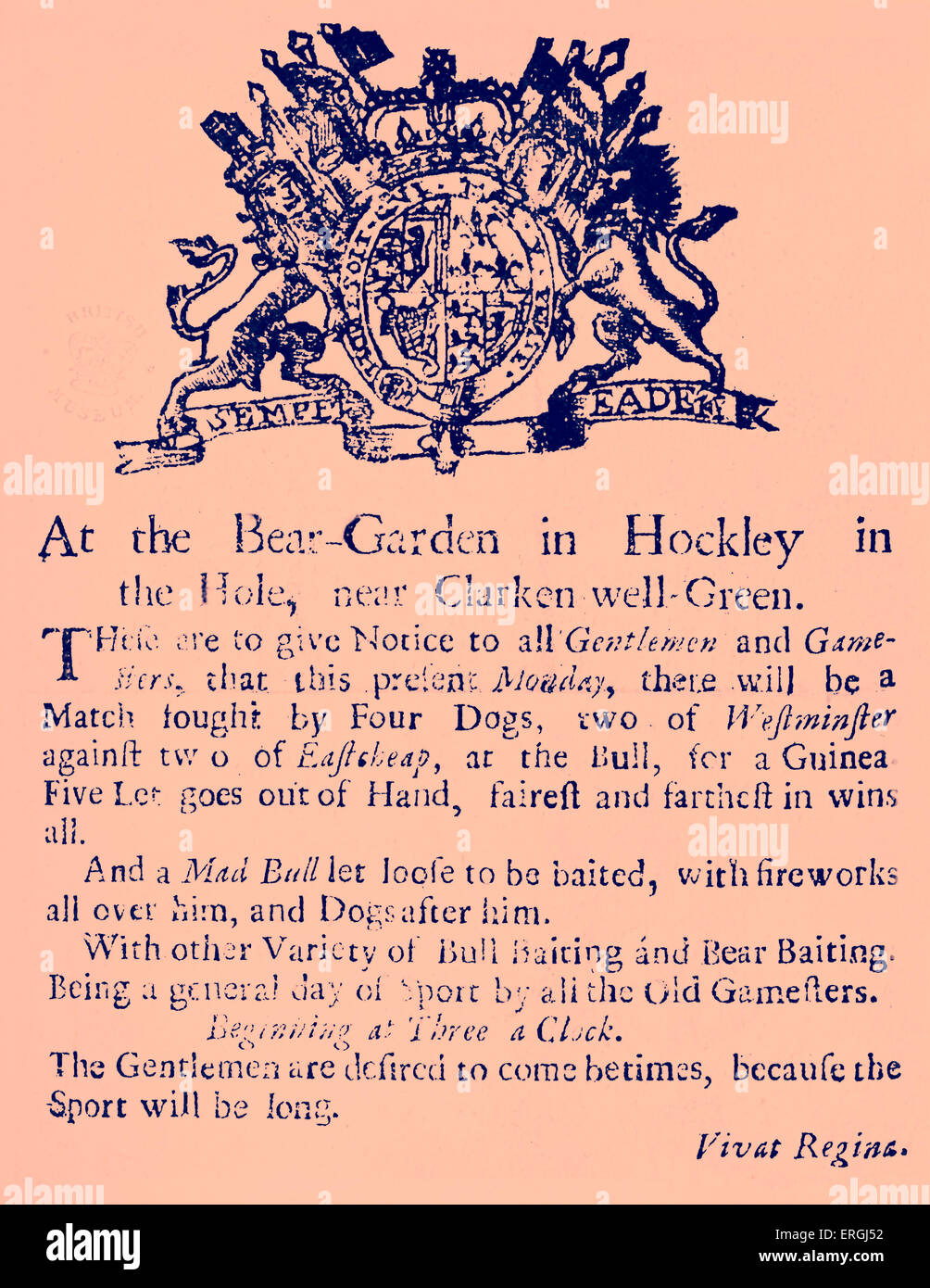 Affiche publicitaire de combats de chiens à Londres. 'Vivat Regina' laisse entendre qu'il a été écrit pendant le règne de la reine Anne (8 mars 1702 - 1 Banque D'Images