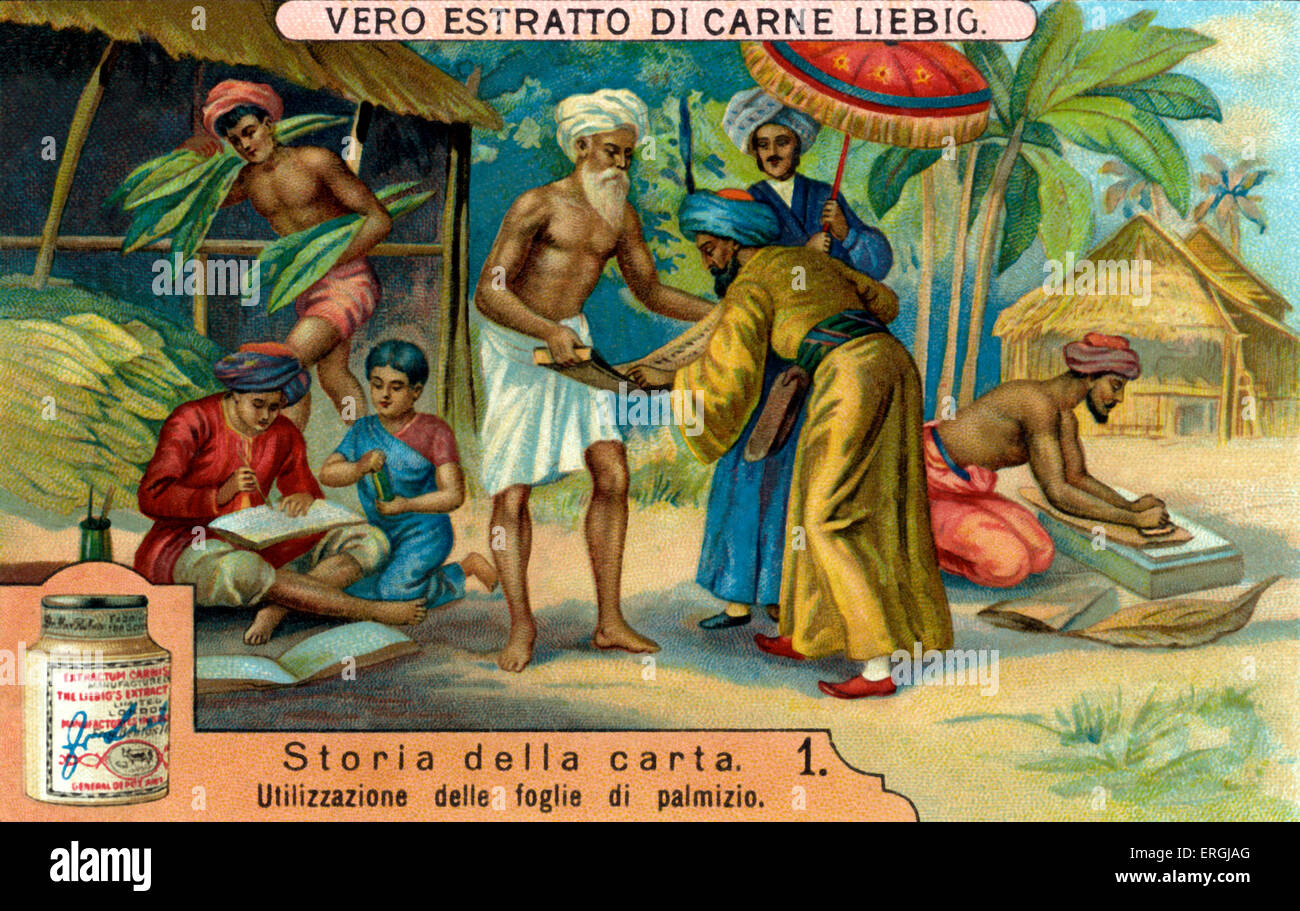 Histoire du papier : à l'aide de feuilles de palmier en Inde. Illustration de Liebig carte de collection (série italienne titre : 'toria della Banque D'Images