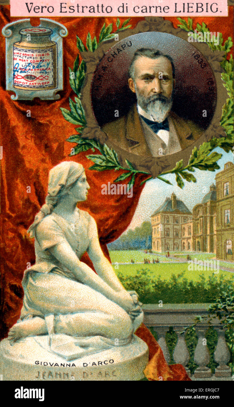 Joan of Arc/ Jeanne d'Arc - sculpture par Henri Chapu. L'illustration à la carte Liebig. Au début du xxe siècle. En photo avec portrait Banque D'Images