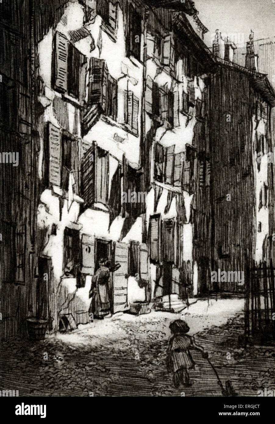 Vieux quartier de Genève. Impression monochrome de l'illustration par Verdier (dates inconnues). Banque D'Images