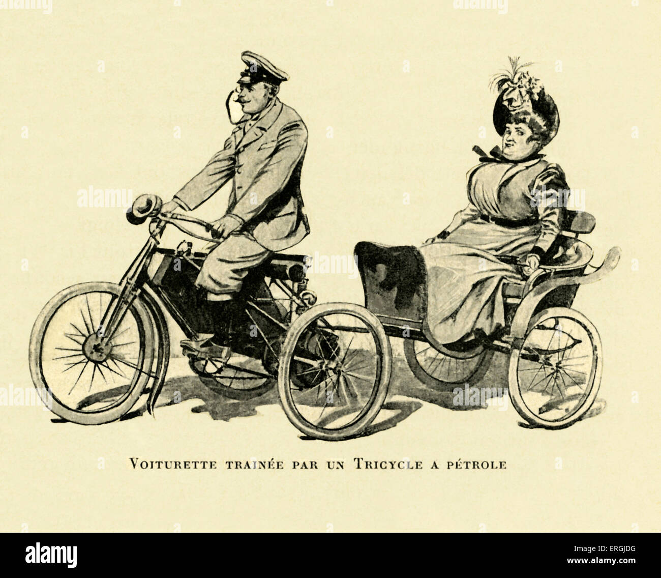 Voiturette tirée par un tricycle à essence. Au début du xxe siècle l'illustration. Femme classe supérieure tirée par conducteur à un début Banque D'Images