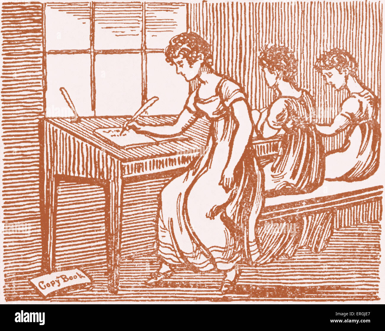 La leçon d'écriture, représentant les femmes britanniques qui n'ont pas réussi à trouver des maris et des enseignants est ainsi devenu, 19e siècle. À partir de 'Le coucou bleu, ou plus, des histoires de mise en garde, en vers' par Mme Elizabeth Turner, 1811 Banque D'Images