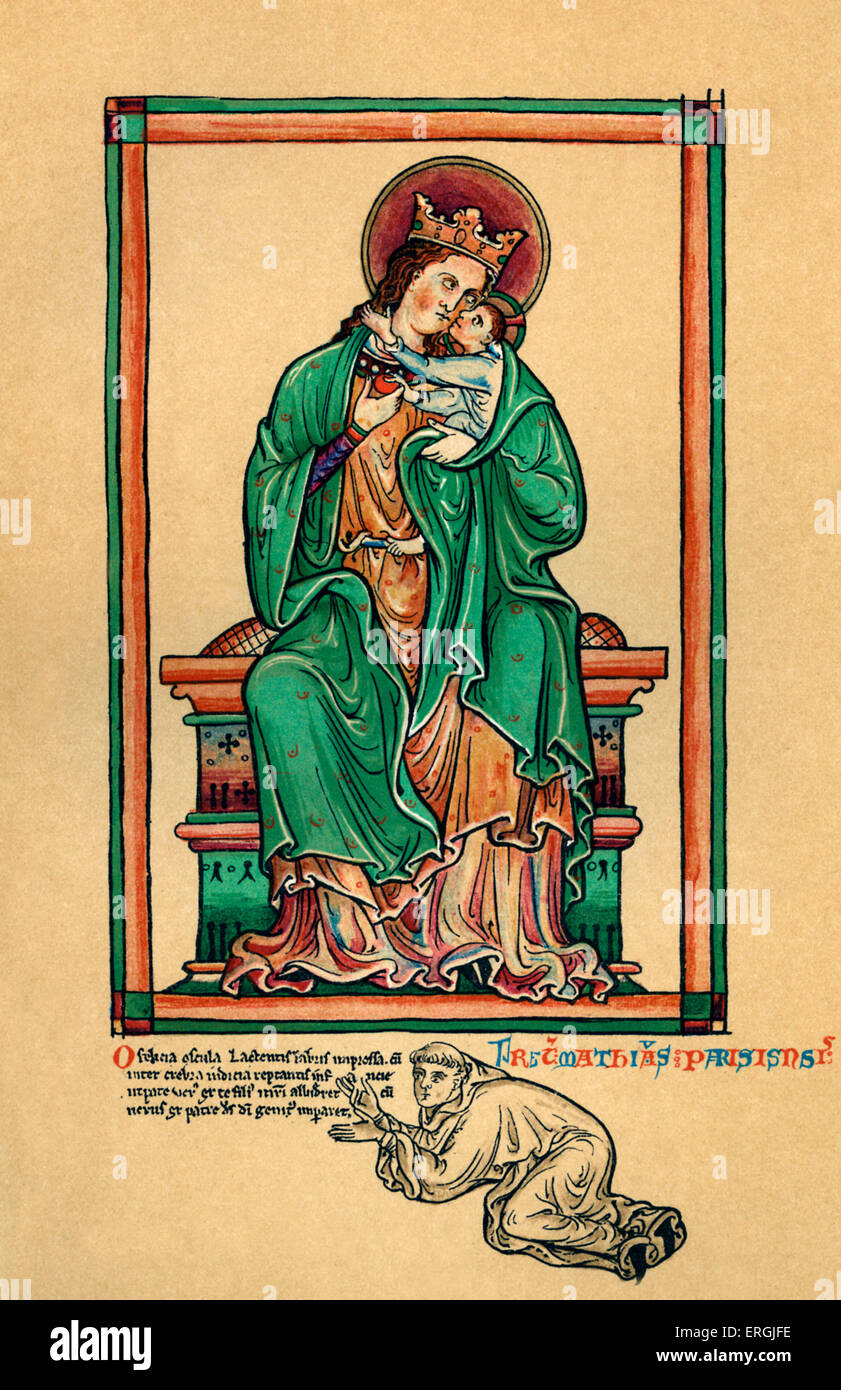 Matthieu Paris aux pieds de la Vierge Marie et l'enfant. À partir de dessin de Matthieu Paris, 13ème siècle. MP : moine bénédictin, Banque D'Images