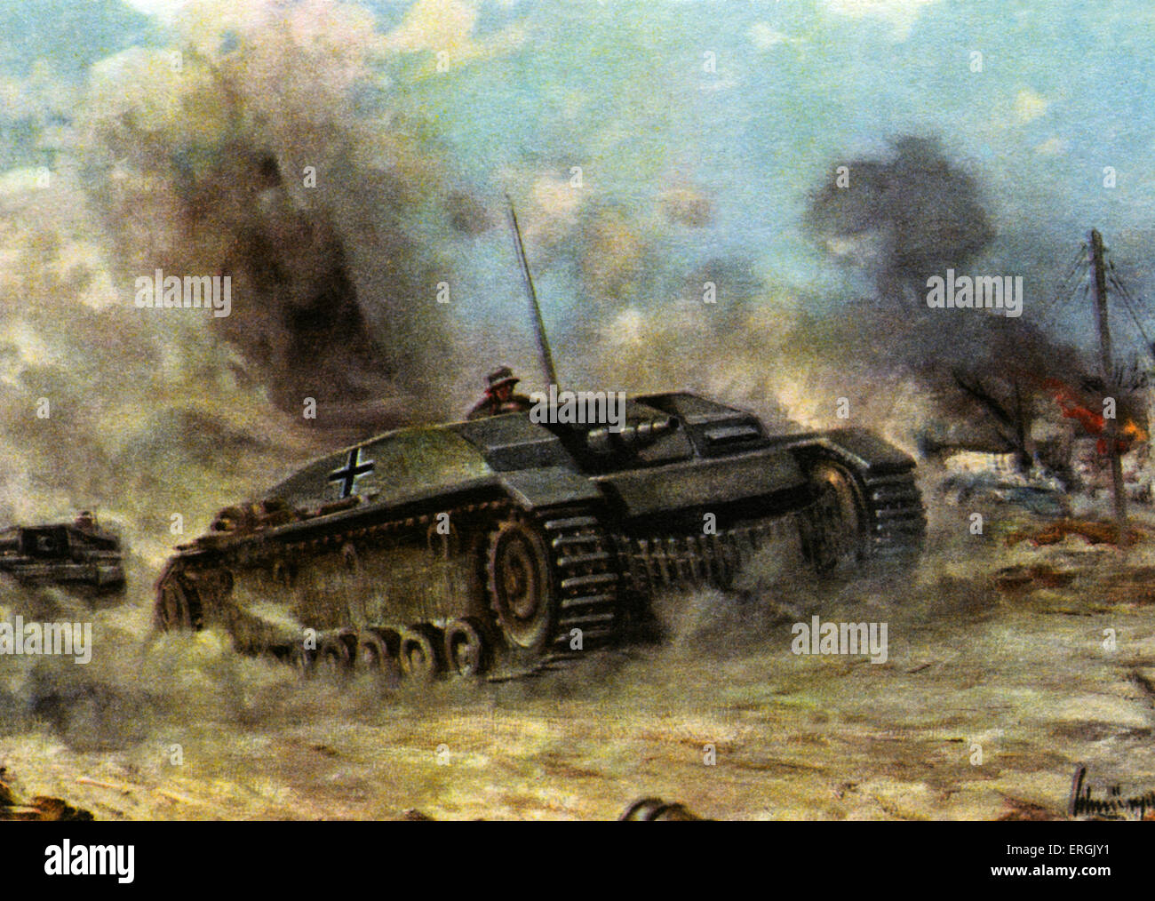 German tank attack en Russie pendant la Deuxième Guerre mondiale. Image sur carte postale publié par Nationalsozialistischen Kriegsopferversorgung Banque D'Images