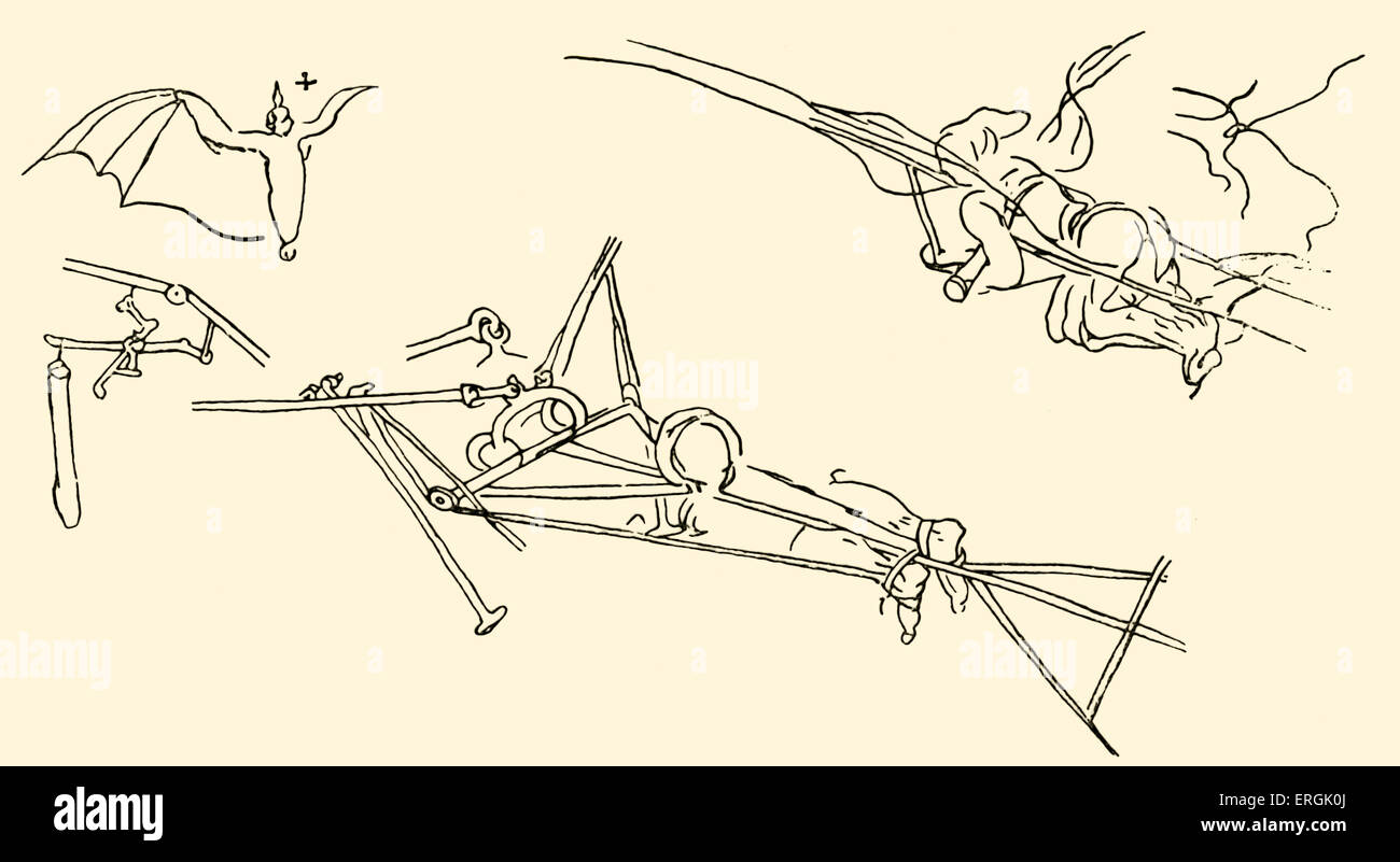 - Dessin de machines volantes de Léonard de Vinci (titre français : L'Homme volant/ homme volant). Polymathe italien : LDV (Peintre, architecte, musicien, scientifique, mathématicien) 15 avril 1452 - Mai 1519 Banque D'Images