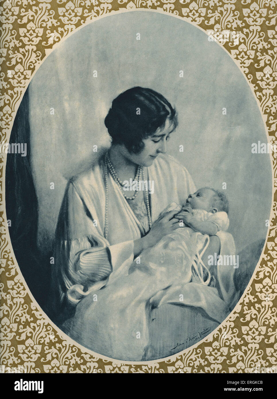 Portrait d'Elizabeth II (1926-) comme un bébé tenu par sa mère, Elizabeth (1900-2002). Après la peinture de John Helier Lander. Banque D'Images