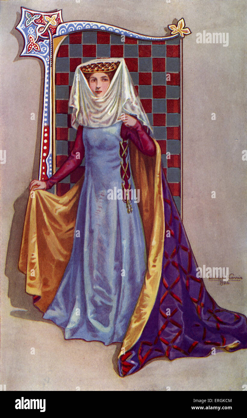 Une femme noble médiévale à partir de la période d'Édouard II (1284-1327). Ses vêtements reflètent la mode européenne gothique. Herbert Norris mouvements réactionnaires pro charia est mort 1950 - peut exiger l'affranchissement des droits Banque D'Images