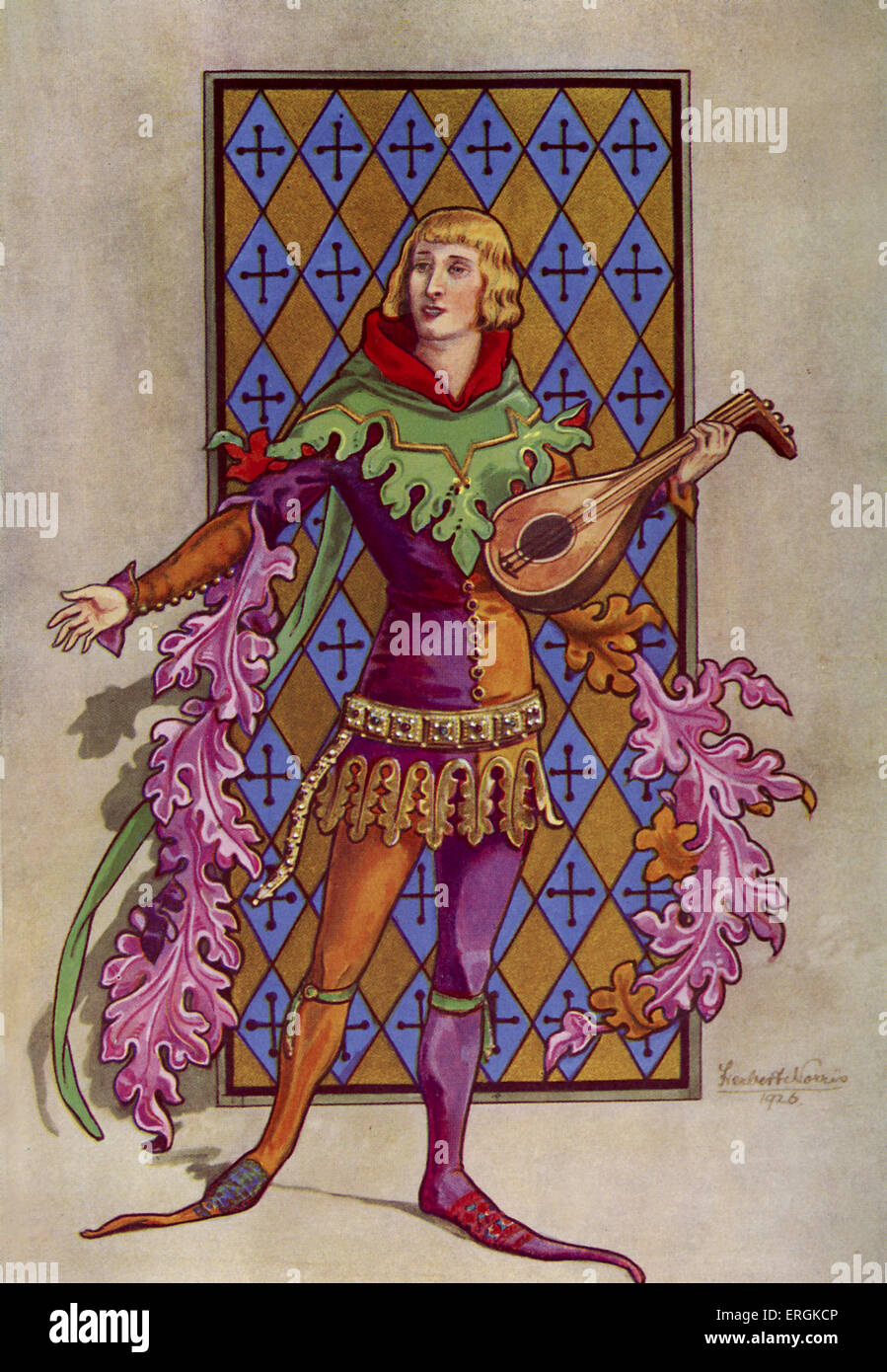 A la mi-médiévale noble de la période d'Edouard III (1312-1377), vêtu comme un musicien.Herbert Norris artiste est mort 1950 - mai Banque D'Images