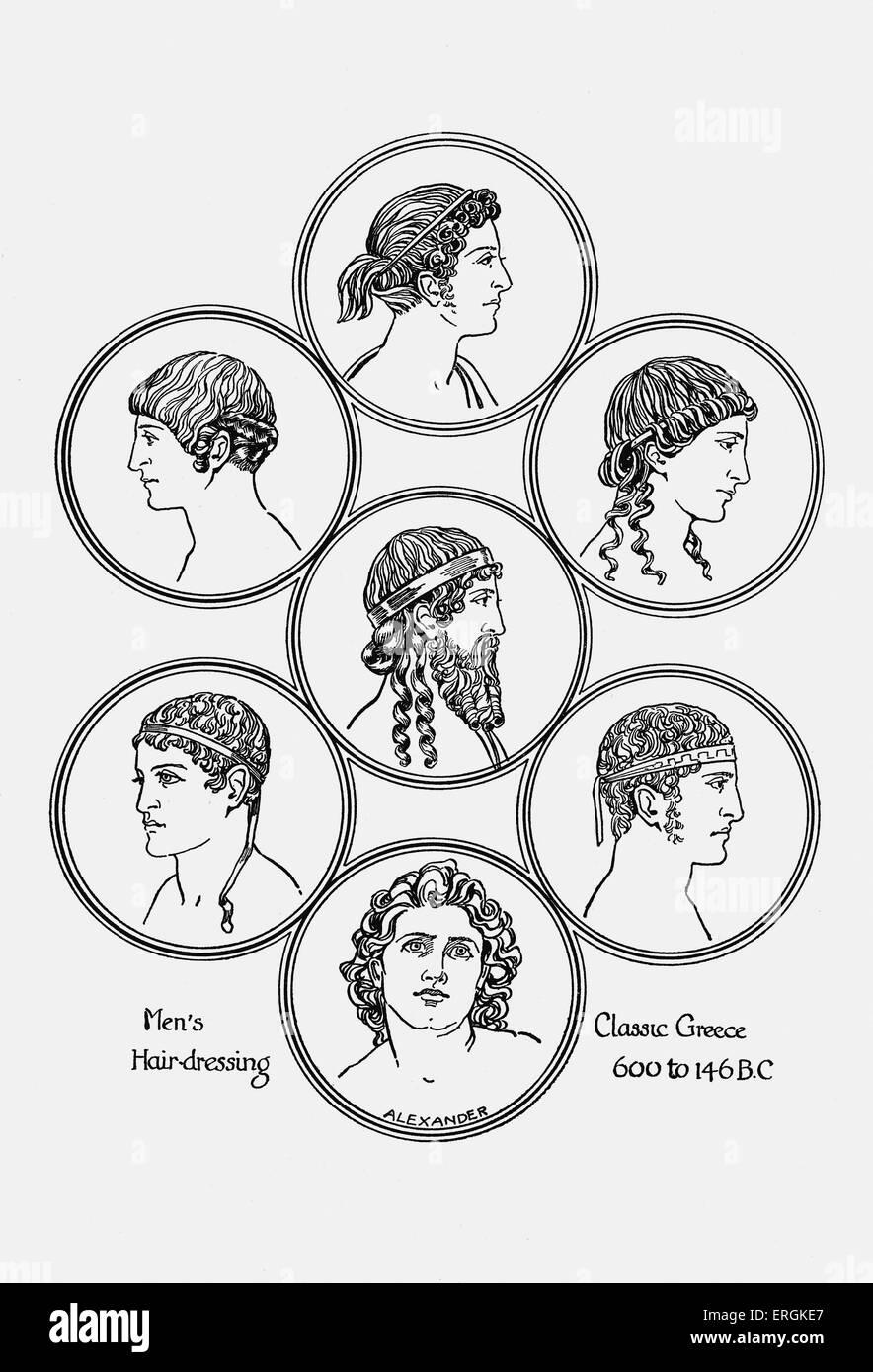 Le grec ancien coiffures. Exemple de la coiffure pour hommes dans la Grèce classique, 600- 146 av. Herbert Norris est mort de l'artiste - 1950 Banque D'Images