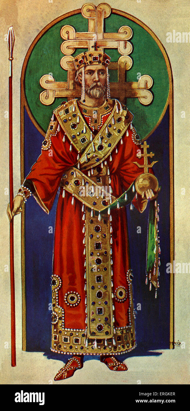 L'empereur byzantin des dixième, onzième et douzième siècles. Représenté portant l'orbe et la sainte lance. Herbert Norris Banque D'Images
