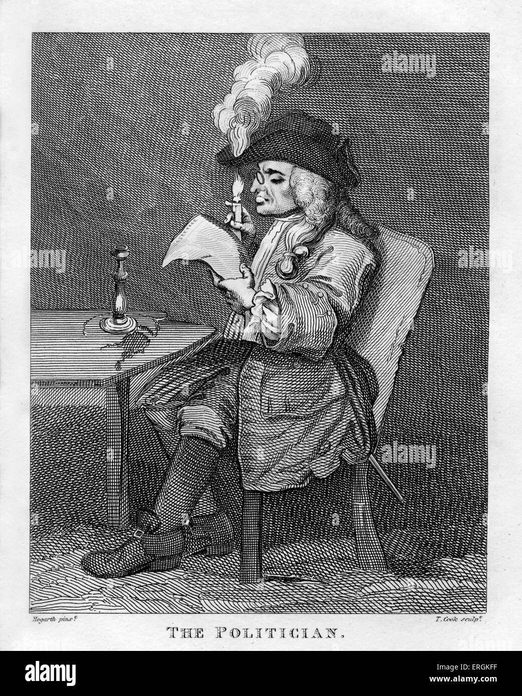 L'homme politique par William Hogarth, 1775. Gravée par Thomas Cook. L'homme politique représenté lit le journal, ou 'officiel', par Banque D'Images