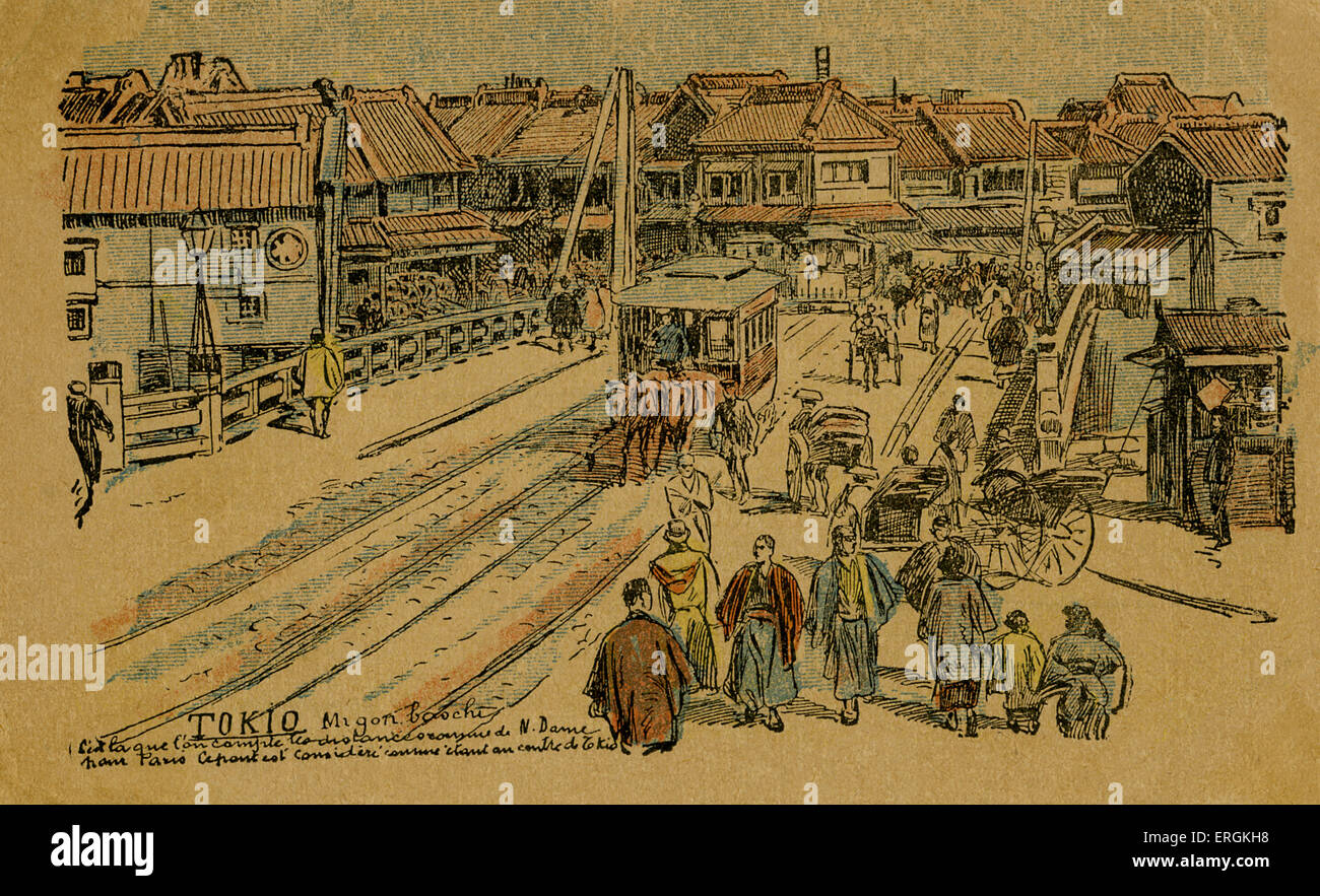 Scène de rue de Tokyo, début de l'ère Meiji (1868-1912). Légende suggère que les distances dans Tokyo sont mesurées par ce pont, la Banque D'Images