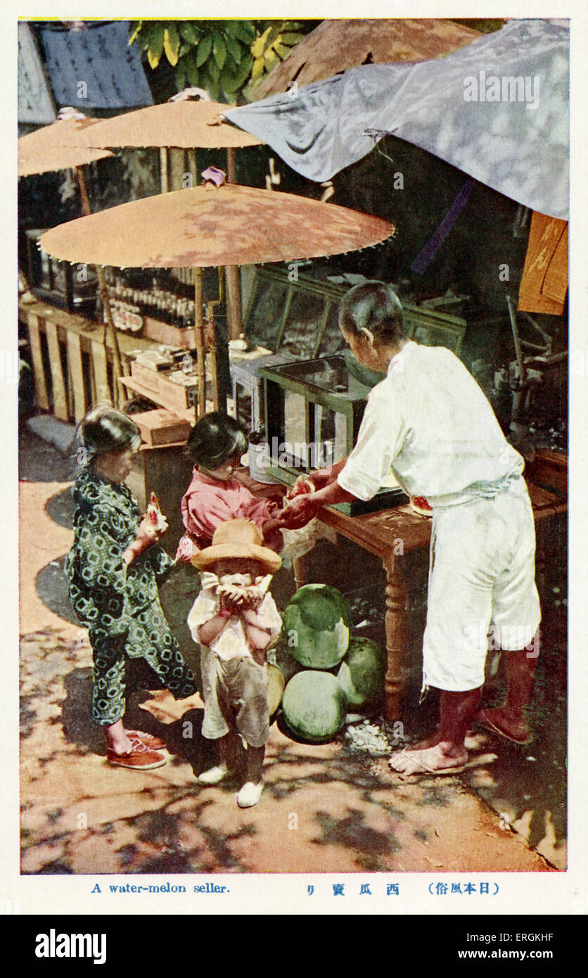 L'opérateur japonais vente de pastèques aux enfants, fin de la période Meiji (1868-1912) Banque D'Images