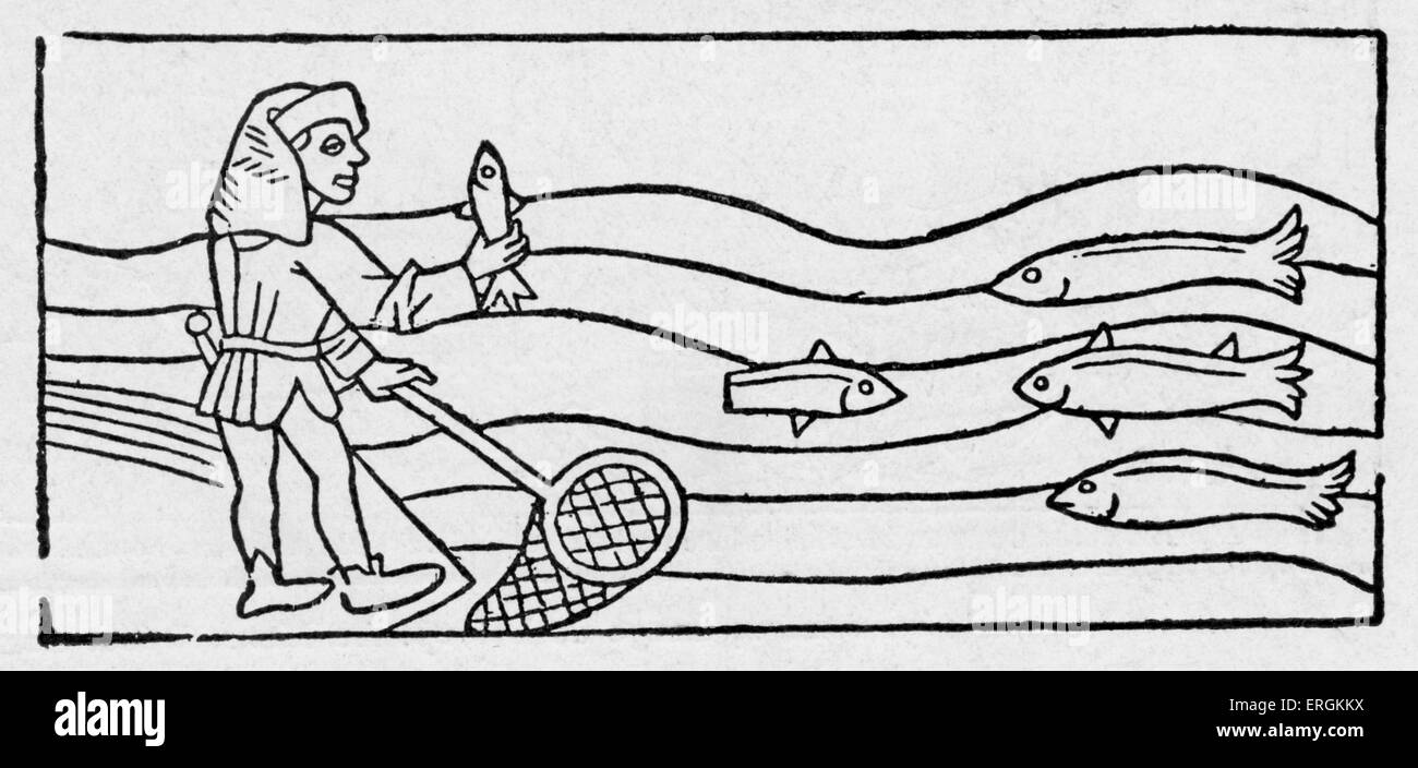 Cité médiévale avec un filet de pêcheur - de la gravure dans 'Dialogus creaturarum', collection d'Amérique fables d'animaux et les dialogues Banque D'Images