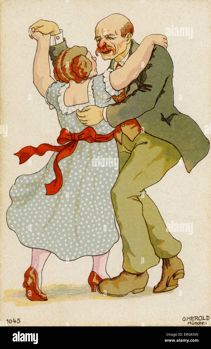 La danse des couples traditionnels bavarois. Caricature d'un Bavarois couple dancing c.1930. Après une illustration par O. Herold de Banque D'Images