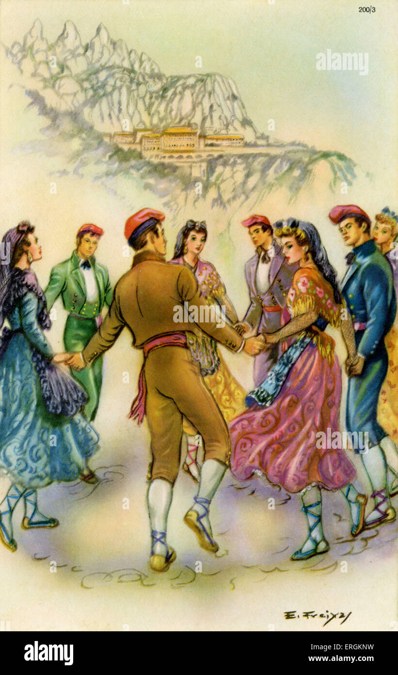 Les hommes et les femmes dans une danse traditionnelle espagnole, situé dans un paysage de collines du nord. D'après une peinture par E. Freiyaj. Banque D'Images