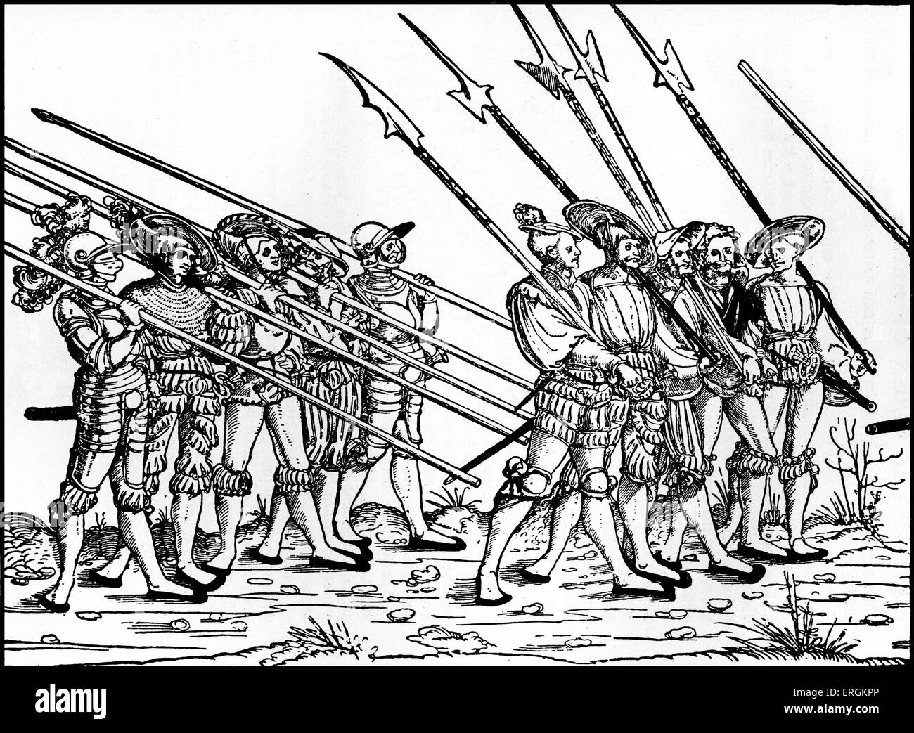 Un groupe de soldats mercenaires allemands- landsknechten au début du 16ème siècle. Après l'original par Herbert Norris artiste est mort 1950 - peut exiger l'affranchissement des droits Banque D'Images