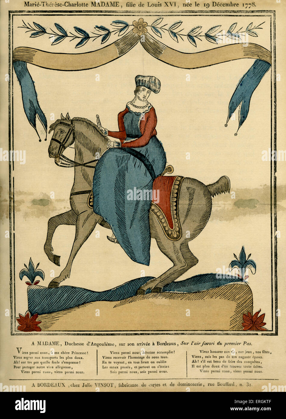 Marie Thérèse de France. Portrait gravé et imprimé par Julie Vinsot, Bordeaux pour illustrer une fois de trop. Fille de Louis XVI Banque D'Images