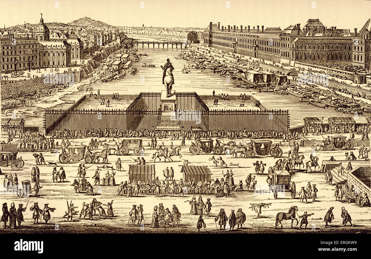 Vue de théâtre français en 1702, Paris. Montrant les artistes et chanteurs de complaintes savent comme 'les pont-neufs'. À partir de la gravure. Bridge Banque D'Images