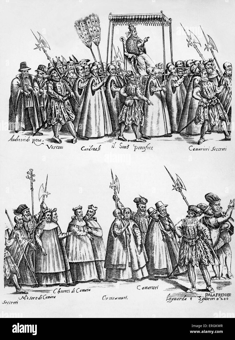 Procession papale au 16ème siècle en Italie. Après l'illustration du Diversarum Pietro Bertelli nationum habitum, 1591. Banque D'Images