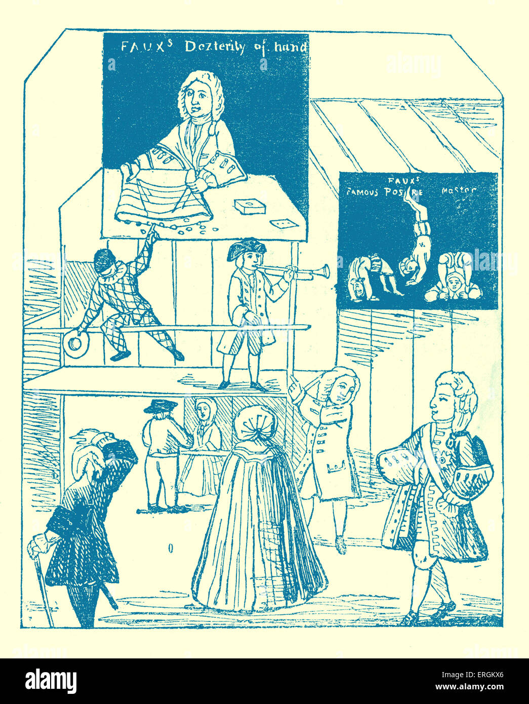 Scène de Bartholmew fair- l'un des plus importants de foires d'été de Londres en 1721. Exemple de l'anglais costume arlequin. Banque D'Images